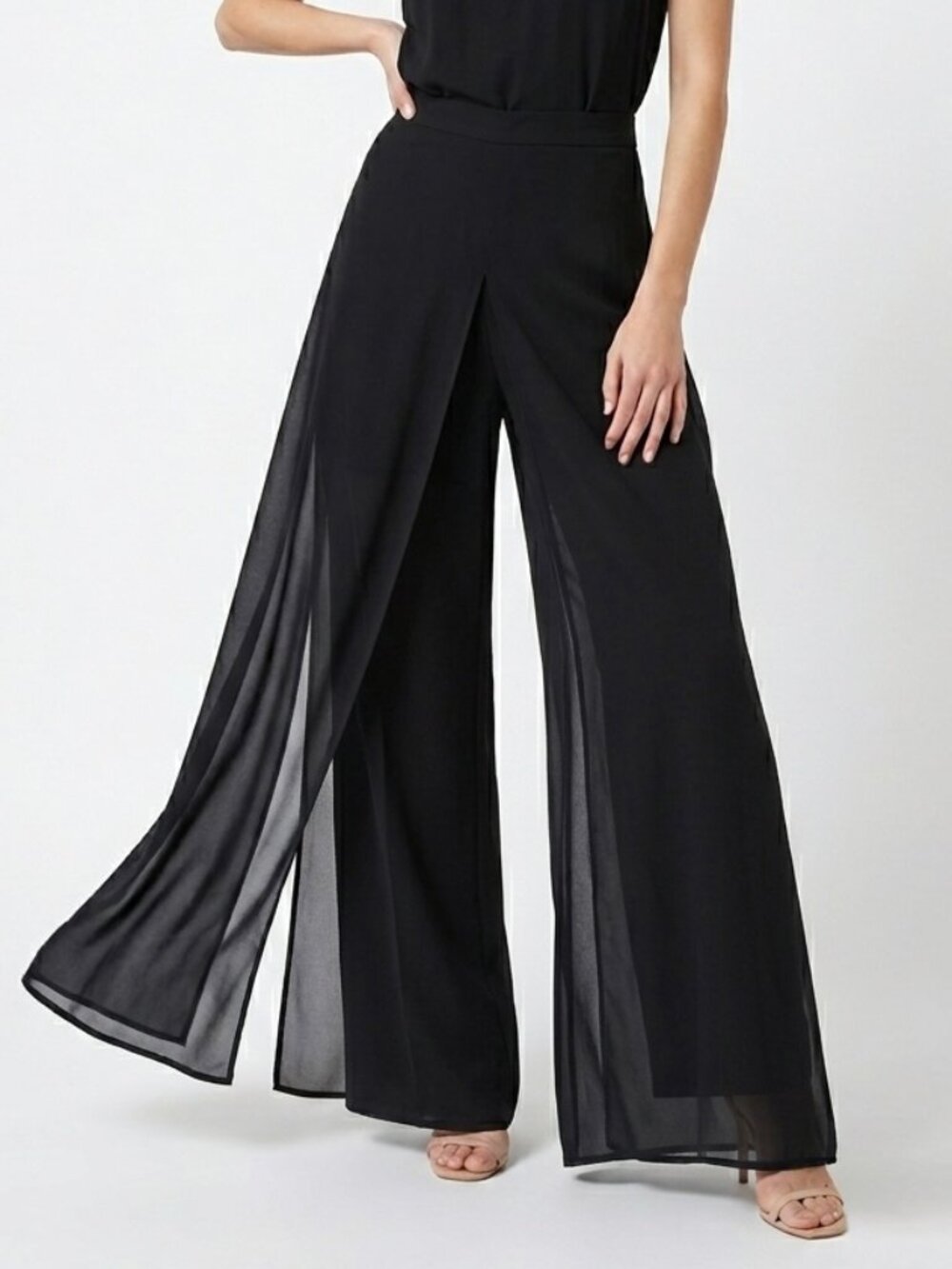 Vintage J.R. Nites Woman Black Polyester Chiffon Overlay Wide Leg Dress Pants 24